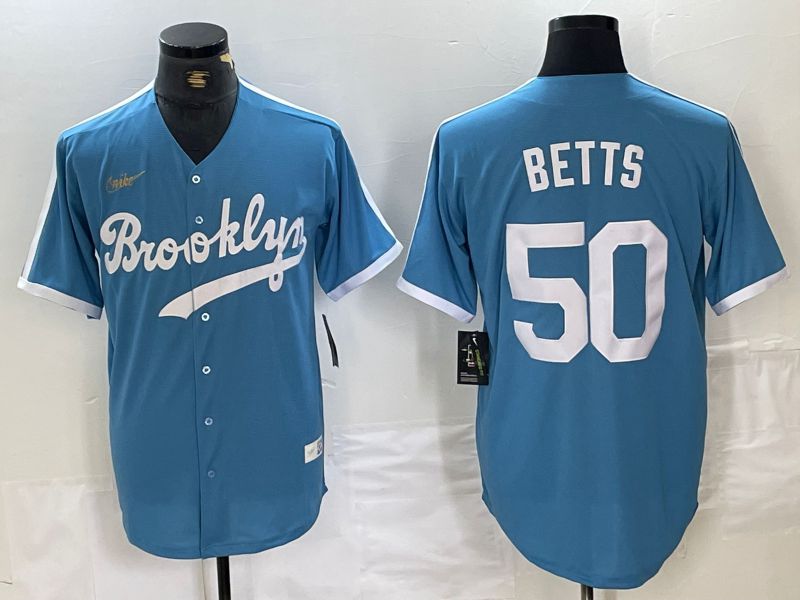 Men Los Angeles Dodgers #50 Betts Light blue Throwback 2024 Nike MLB Jersey style 1